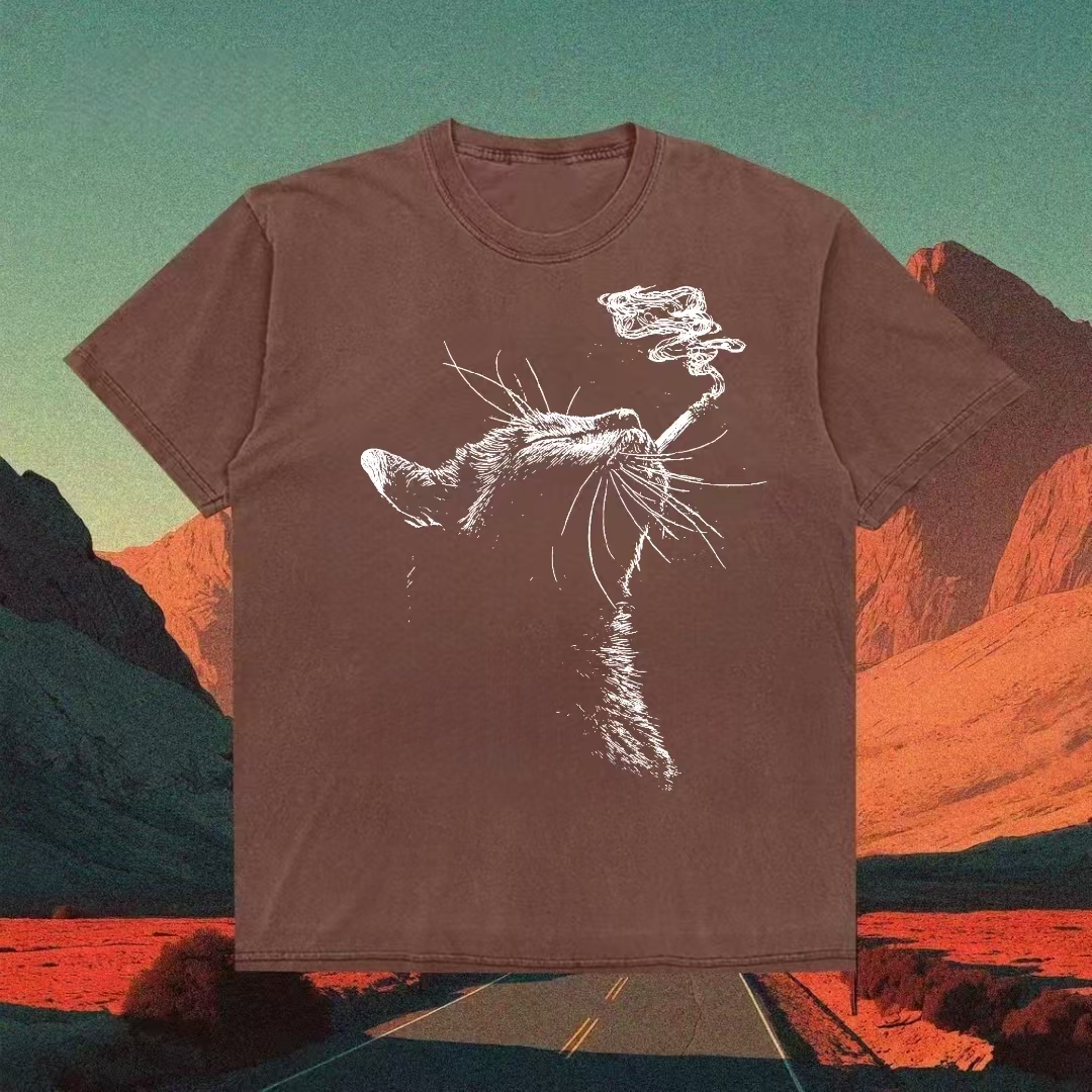 Smoking Cat Sketch Graphic T-shirt