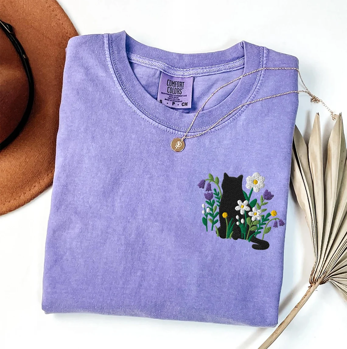 Embroidered Black Cat Cottagecore T-shirt