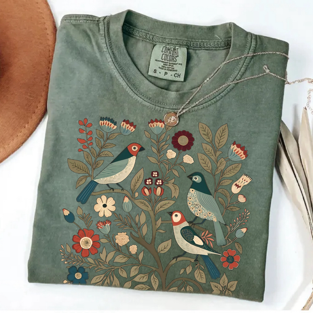 Comfort Colors Cottagecore Birds and Flowers T-Shirt