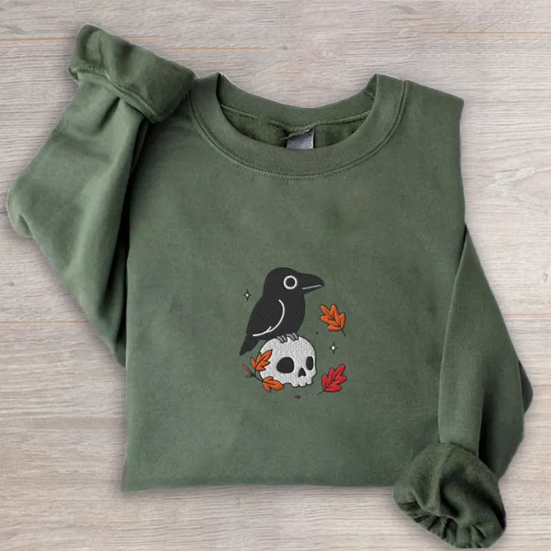 Embroidered Crow and Skull Sweatshirt