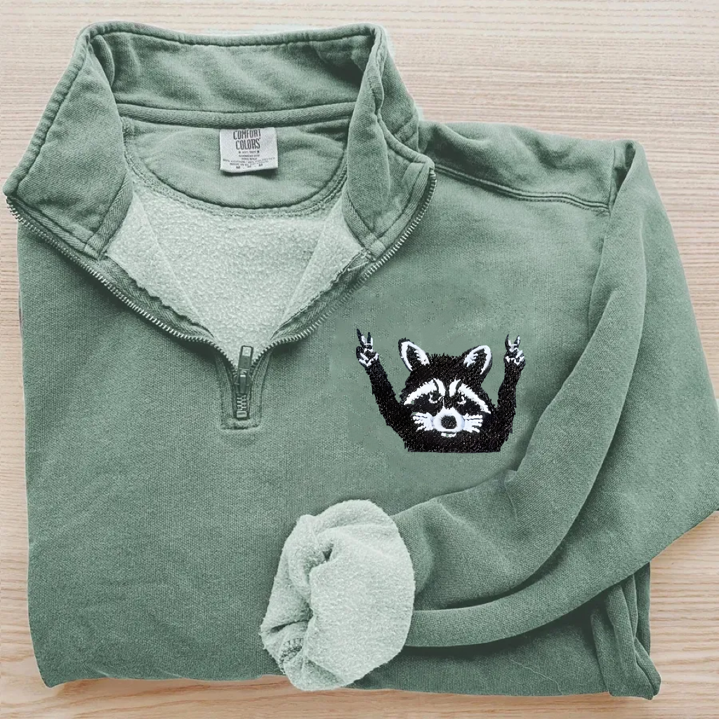 Embroidered Cute Raccoon Zip Sweatshirt