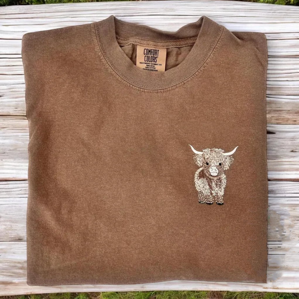 Embroidered Highland Cow T-shirt