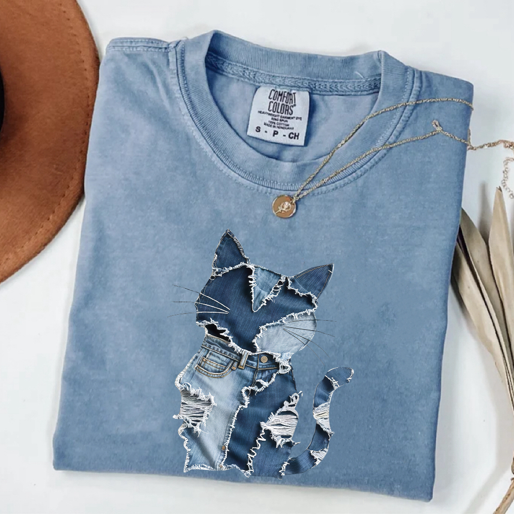 Cute Cat Denim Patchwork Art Shirt