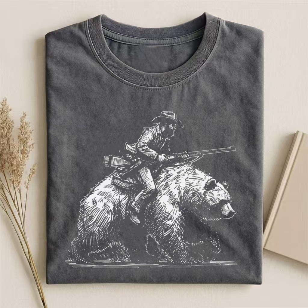 Cowboy Riding Bear Sketch Graphic T-shirt