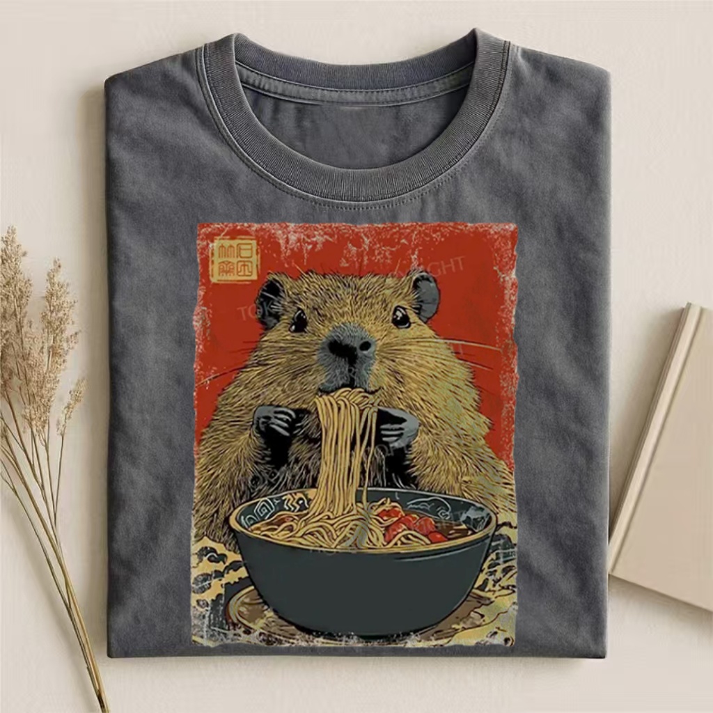 Capybara Eating Noodles Ukiyo-e Style Graphic T-shirt