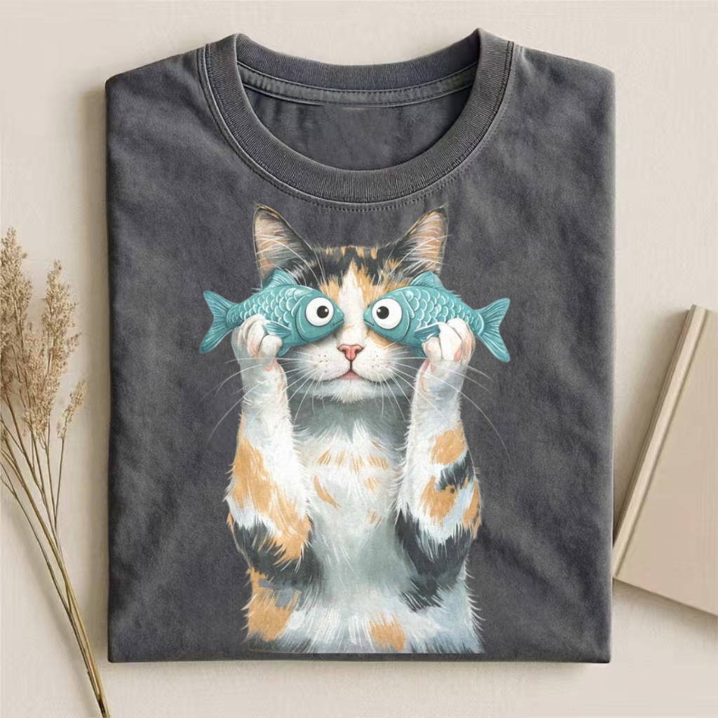 Calico Cat With Fish Eyes Funny Graphic T-shirt
