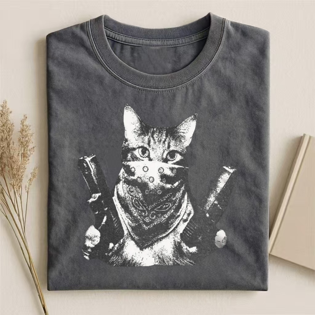 Gangsta Cat With Bandana & Guns Graphic T-shirt