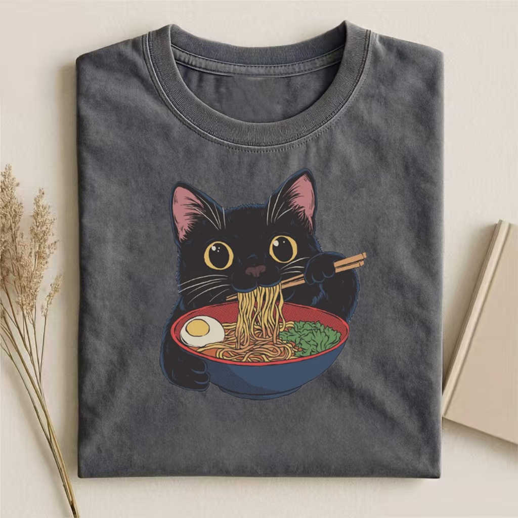 Black Cat Eating Ramen Graphic T-shirt