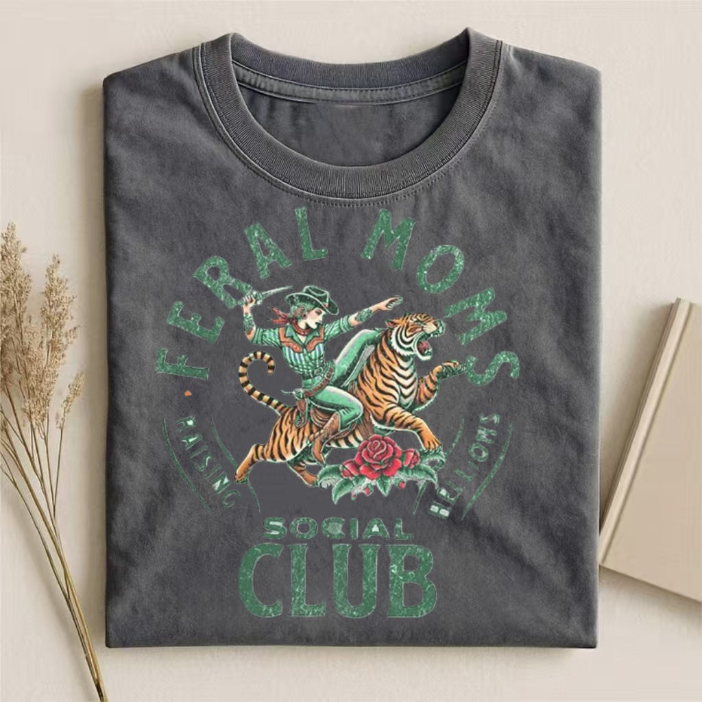 "Feral Moms Social Club" Cowboy & Tiger Graphic T-shirt