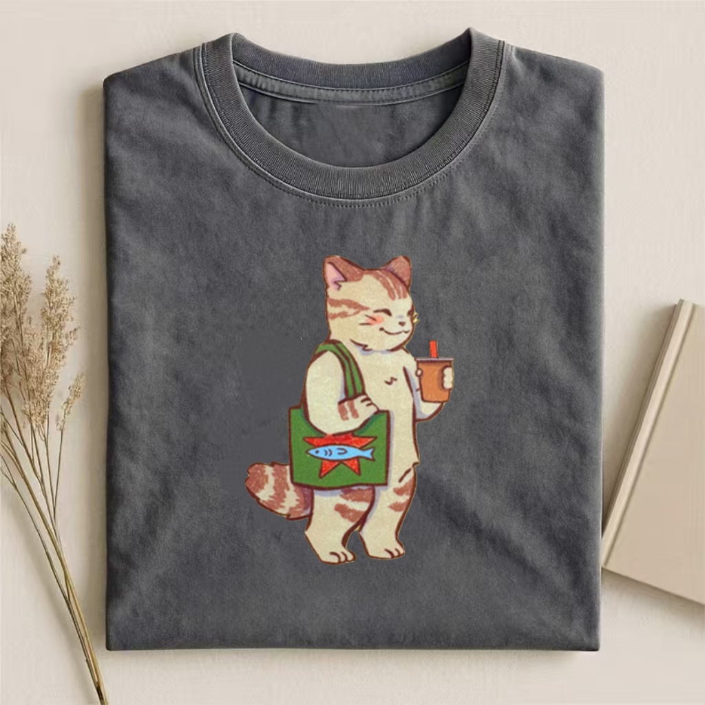 Cat With Tote & Drink Casual Graphic T-shirt