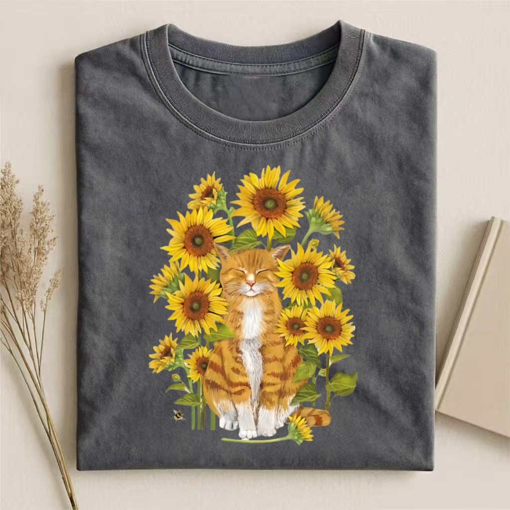 Orange Cat In Sunflowers Watercolor T-shirt