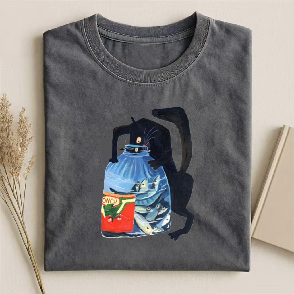 Black Cat & Fish Bottle Art T-shirt