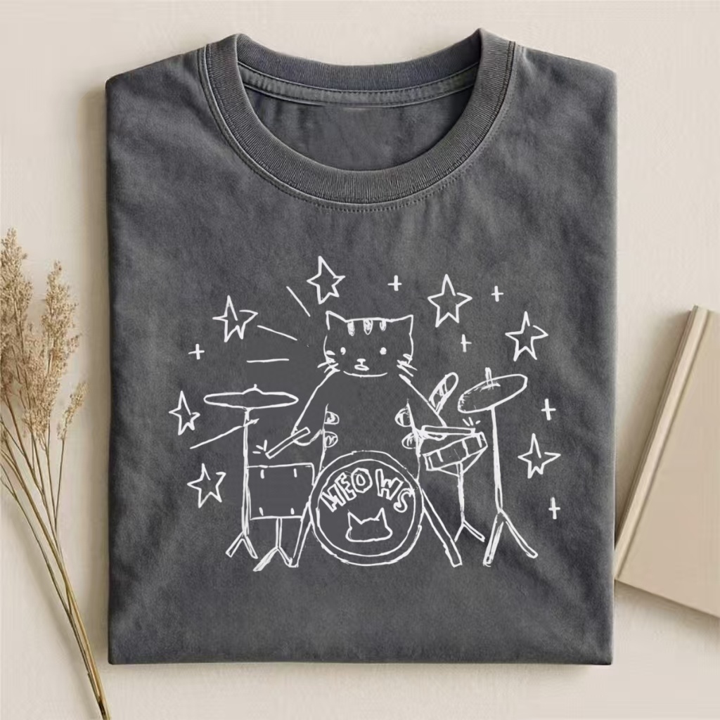 Cat Drummer "Meow" Band Graphic T-shirt