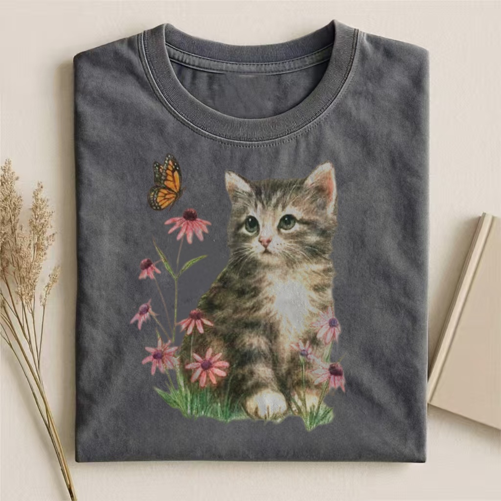 Kitten With Butterfly & Wildflowers Watercolor T-shirt