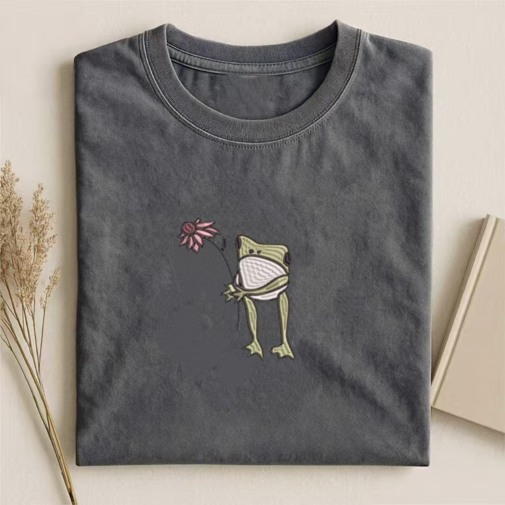 Embroidered Frog With Flower T-shirt