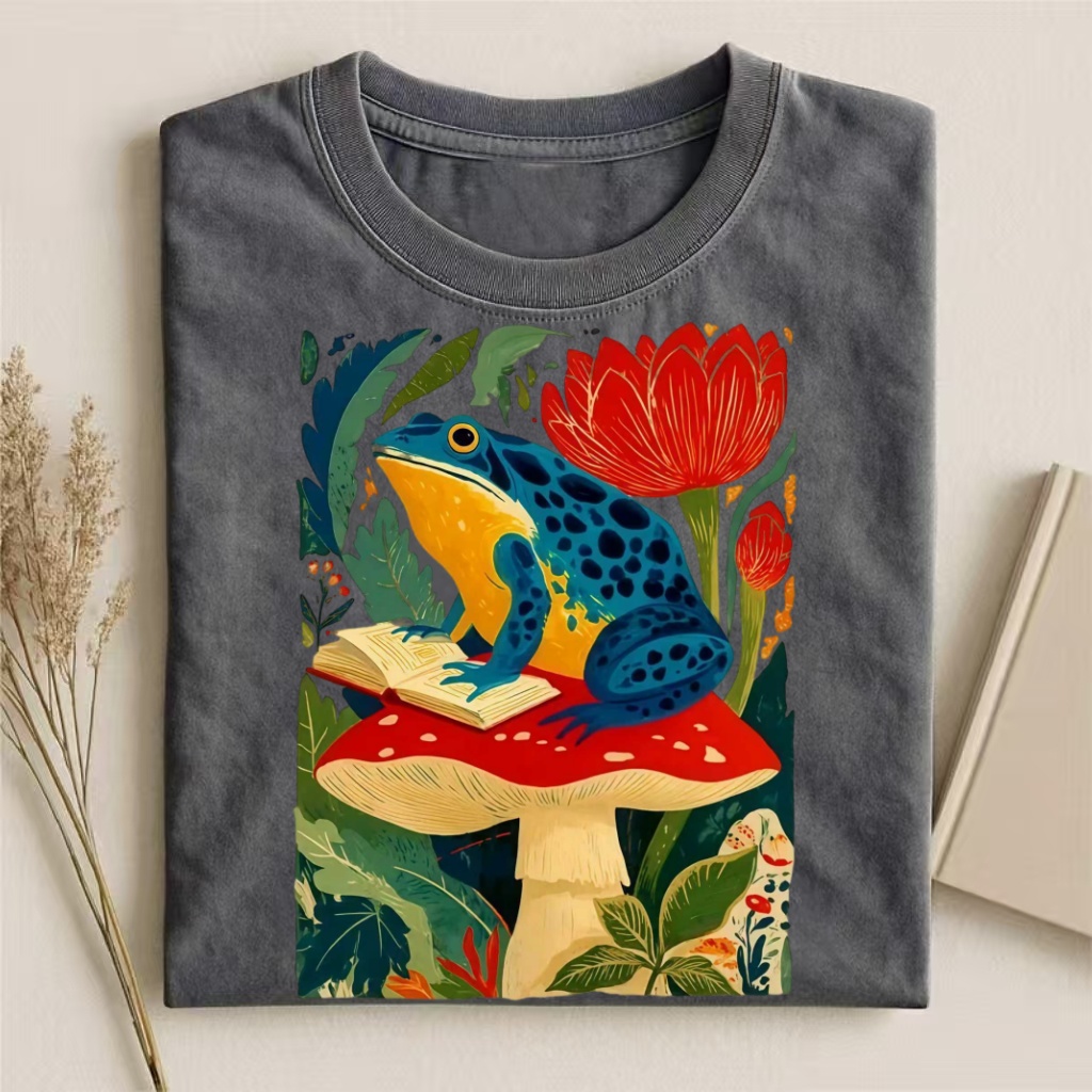 Frog Reading On Mushroom Art T-shirt