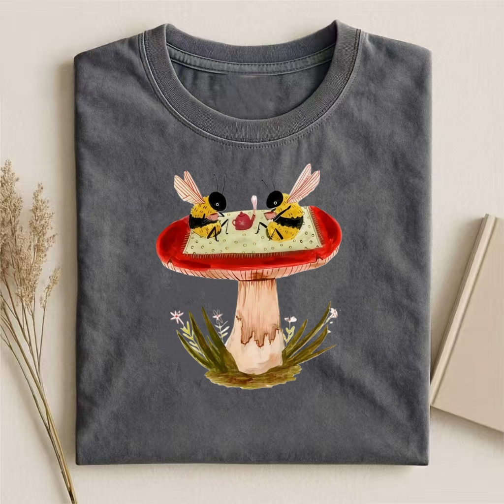 Bees On Mushroom Tea Party Watercolor T-shirt