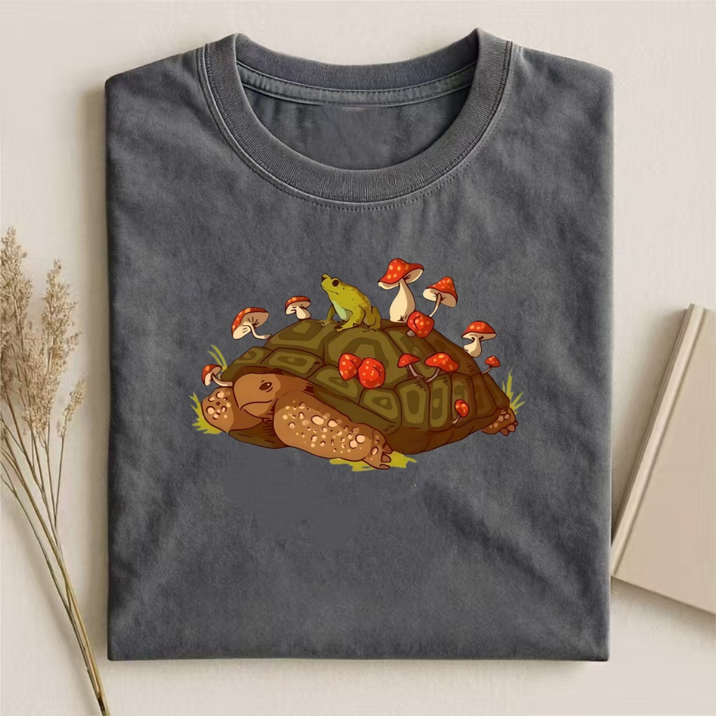 Turtle & Frog With Mushrooms Cute Graphic T-shirt