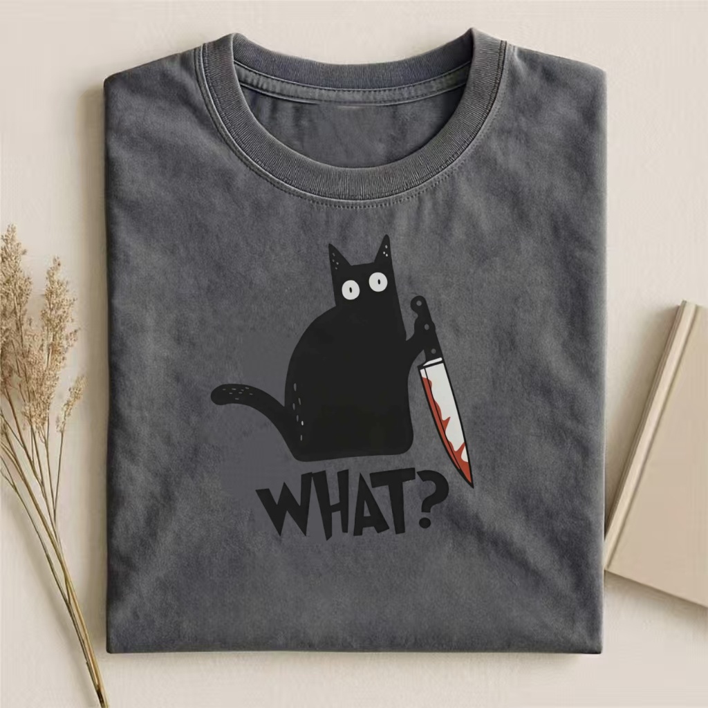 Black Cat With Knife "What?" Meme T-shirt