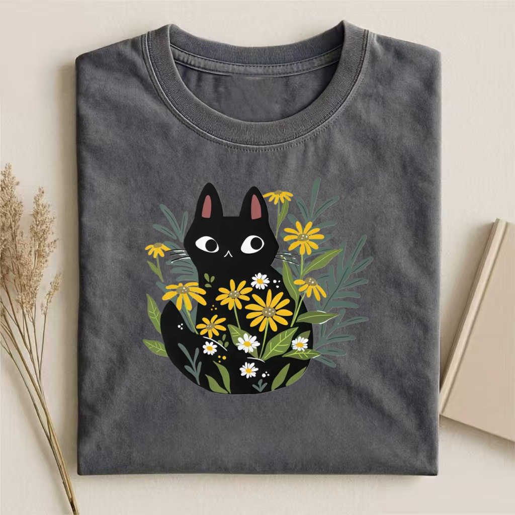 Black Cat In Yellow Flowers Whimsical T-shirt