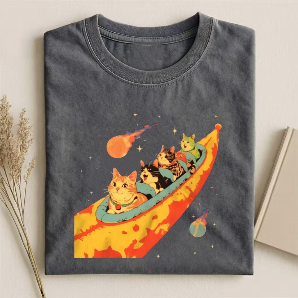 Cats In Banana Spaceship Cosmic Graphic T-shirt