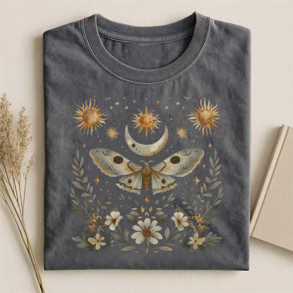 Celestial Moth & Moon Floral Art T-shirt