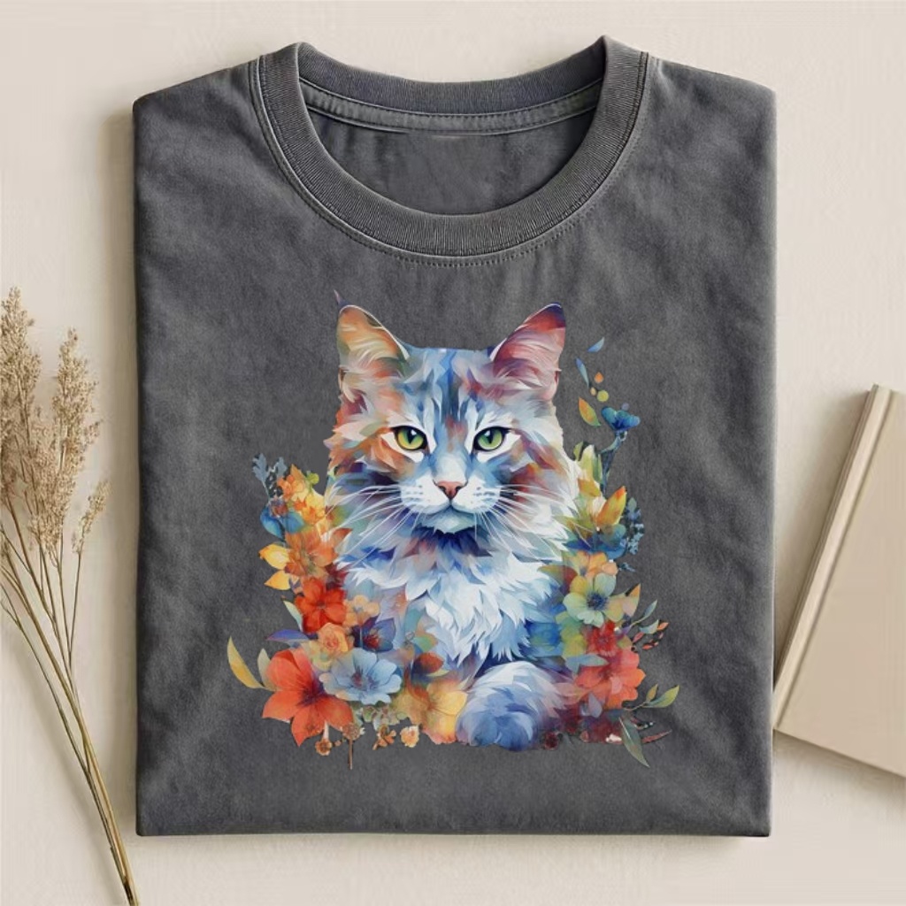 Watercolor Maine Coon Cat Floral T-shirt