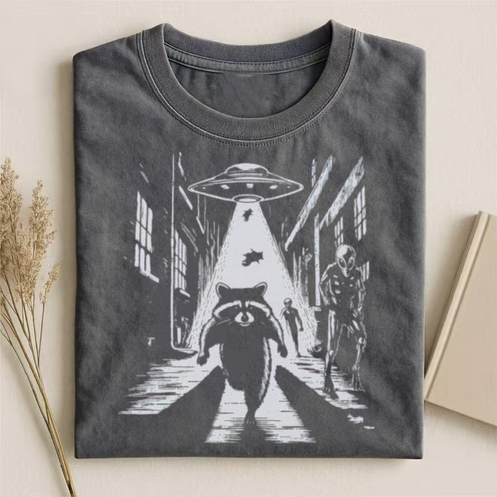 Raccoon UFO Alien Chase Graphic T-shirt