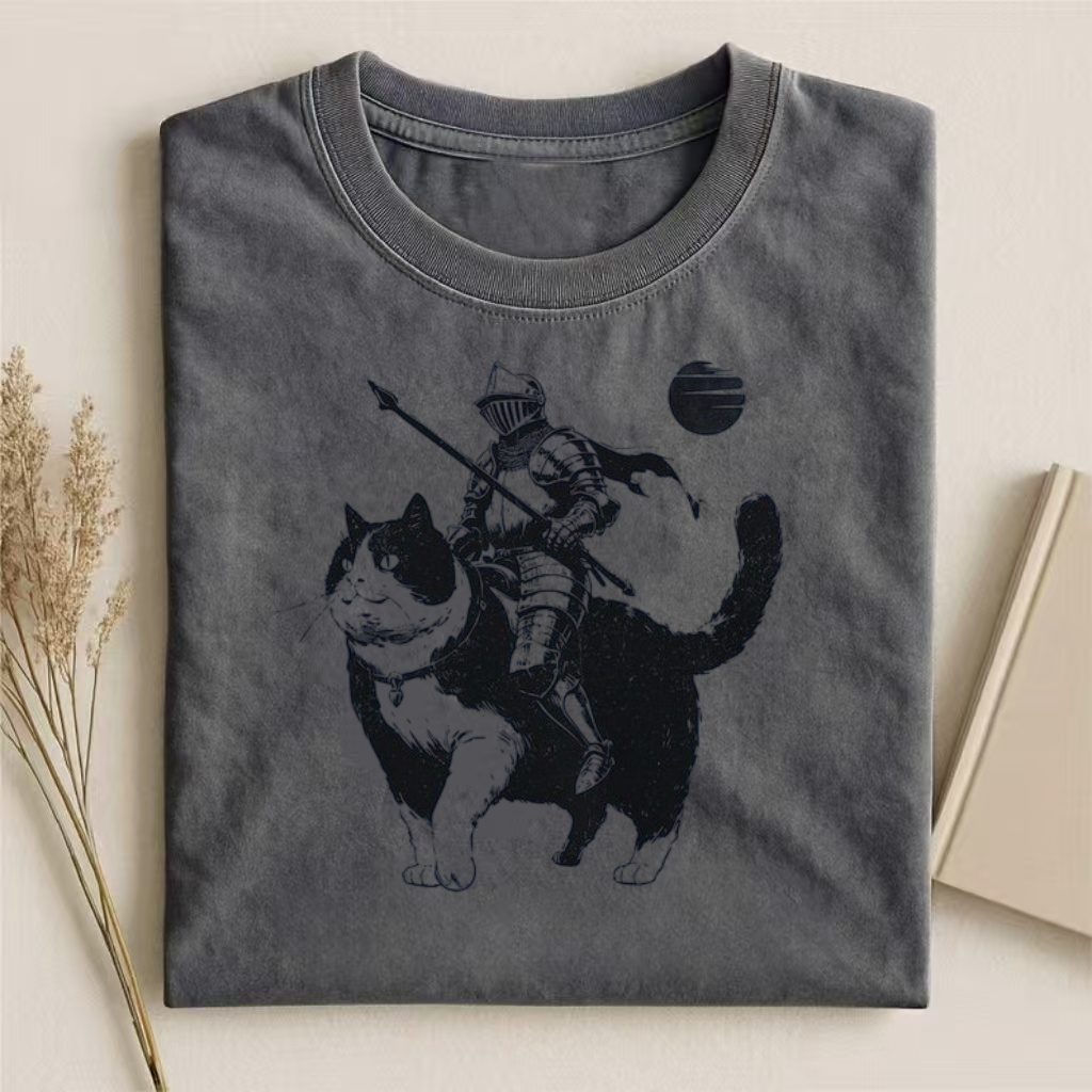 Knight Riding Cat Fantasy Art T-shirt