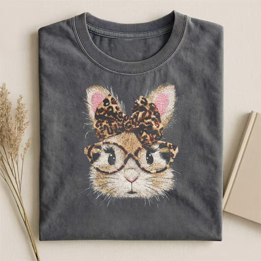 Leopard Print Bunny Embroidered T-shirt