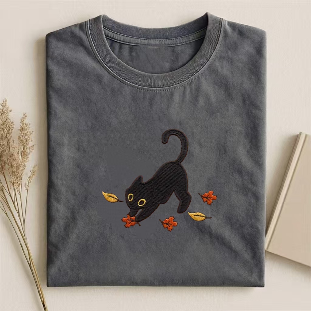 Cat Pouncing Leaves Embroidered T-shirt