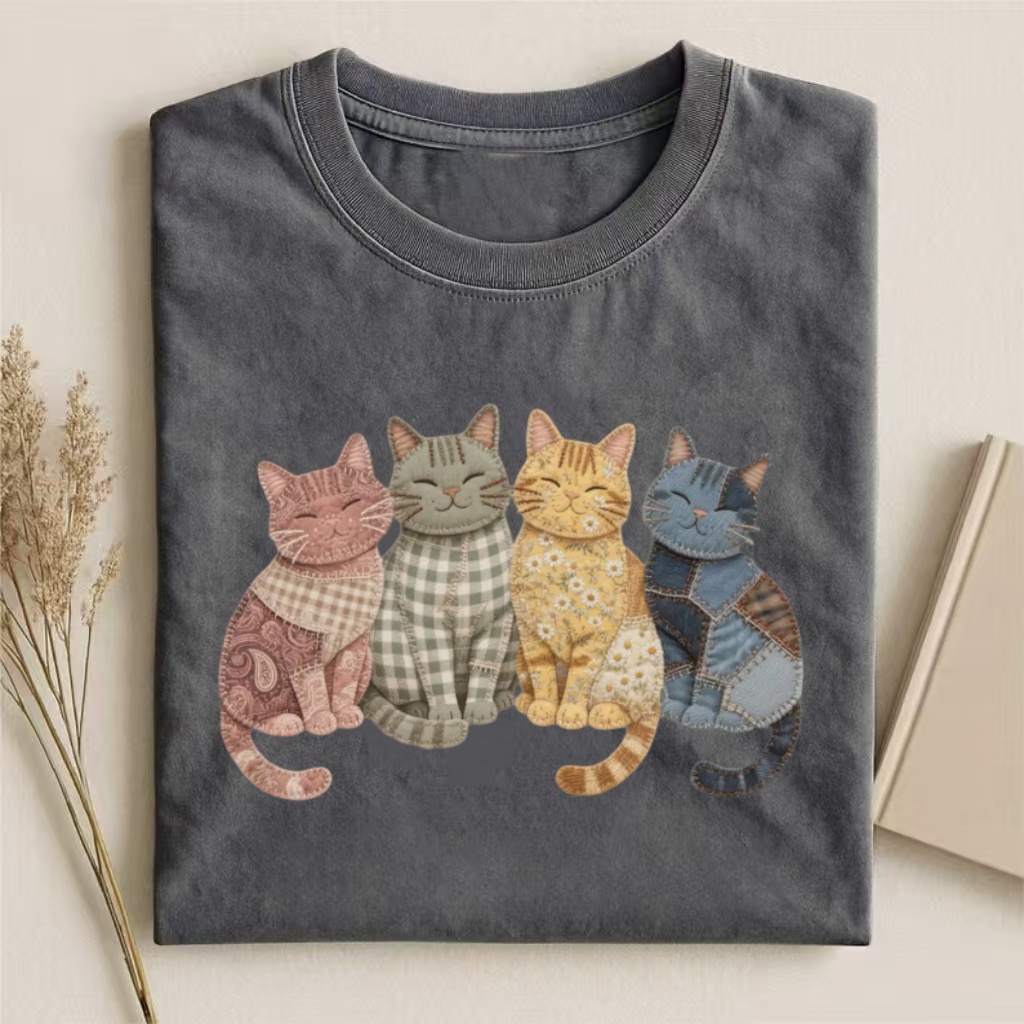 Patchwork Pattern Cats Graphic T-Shirt