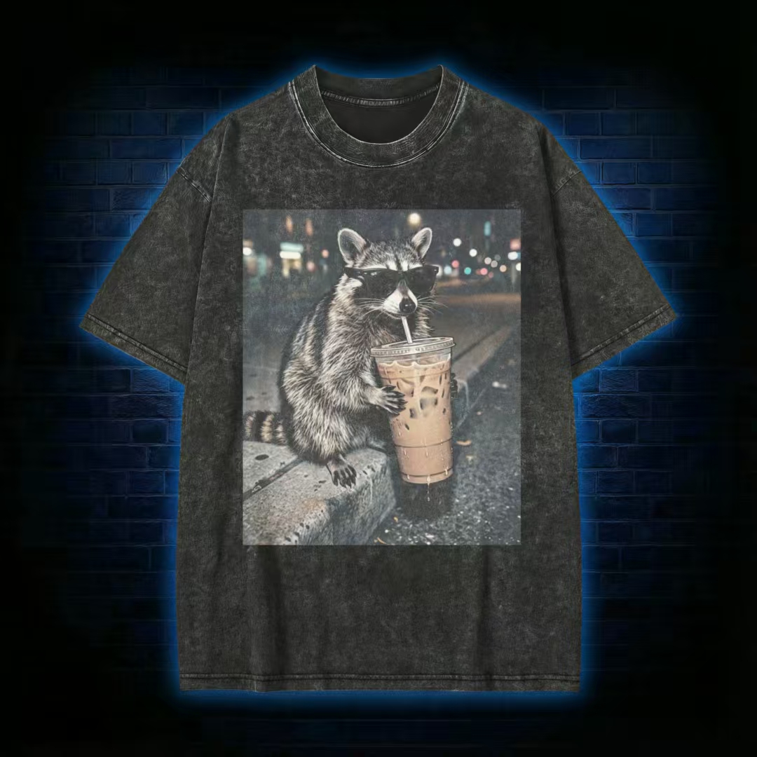 Raccoon with Iced Coffee & Sunglasses Meme Washed T-Shirt