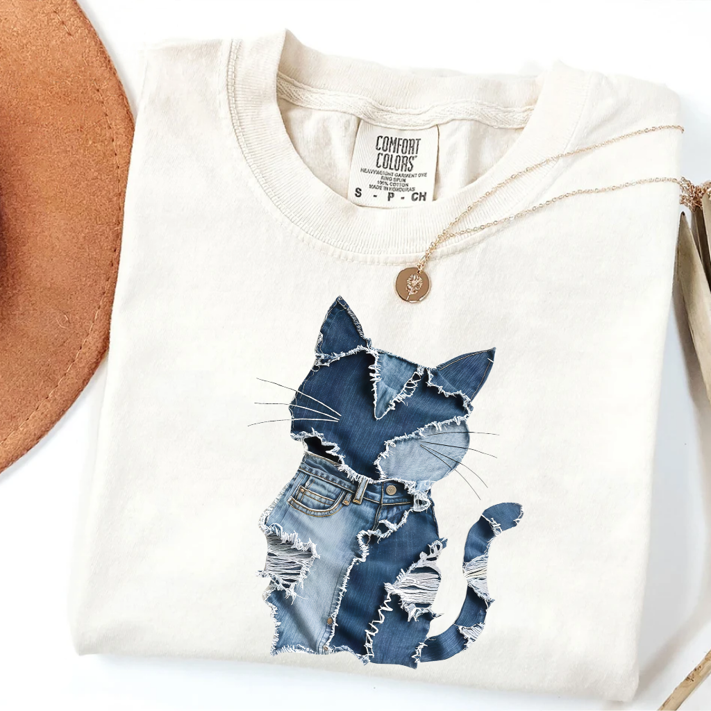Cute Cat Denim Patchwork Art Shirt