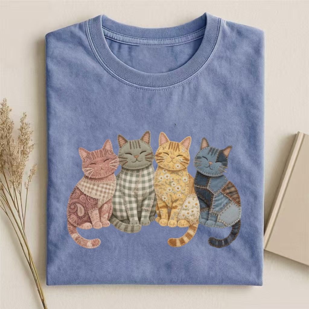 Patchwork Pattern Cats Graphic T-Shirt