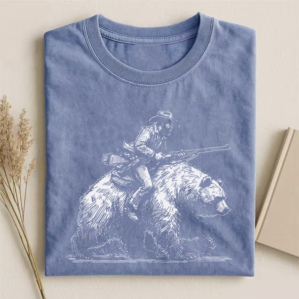 Cowboy Riding Bear Sketch Graphic T-shirt