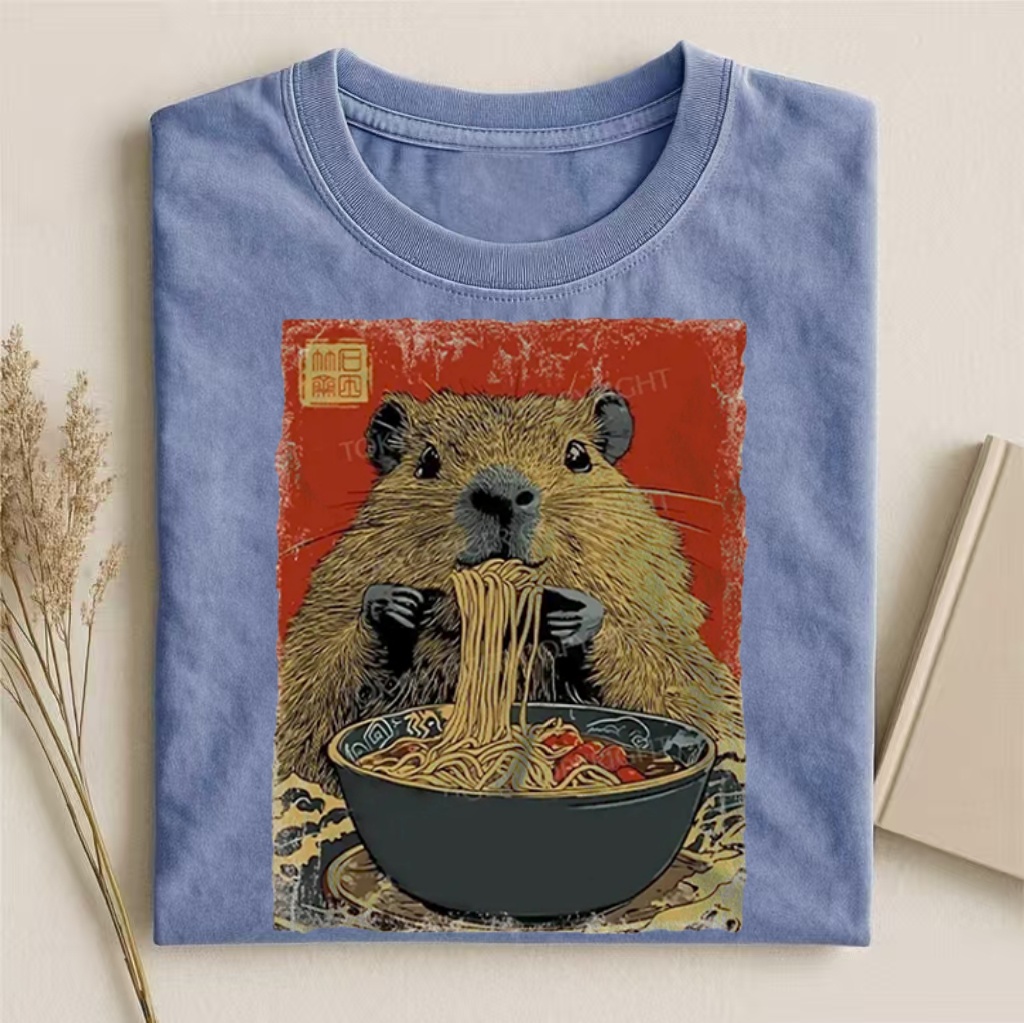 Capybara Eating Noodles Ukiyo-e Style Graphic T-shirt