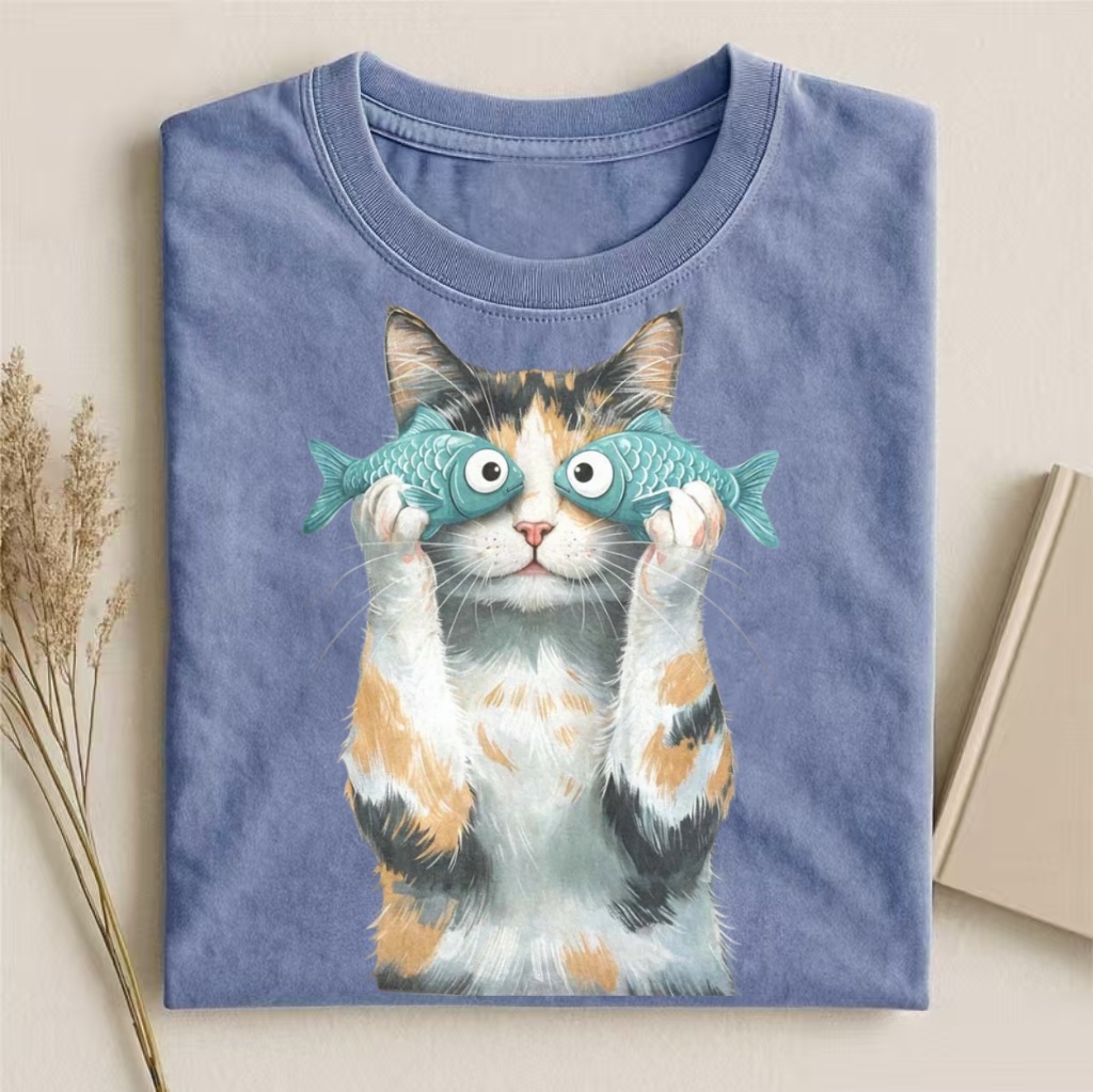 Calico Cat With Fish Eyes Funny Graphic T-shirt