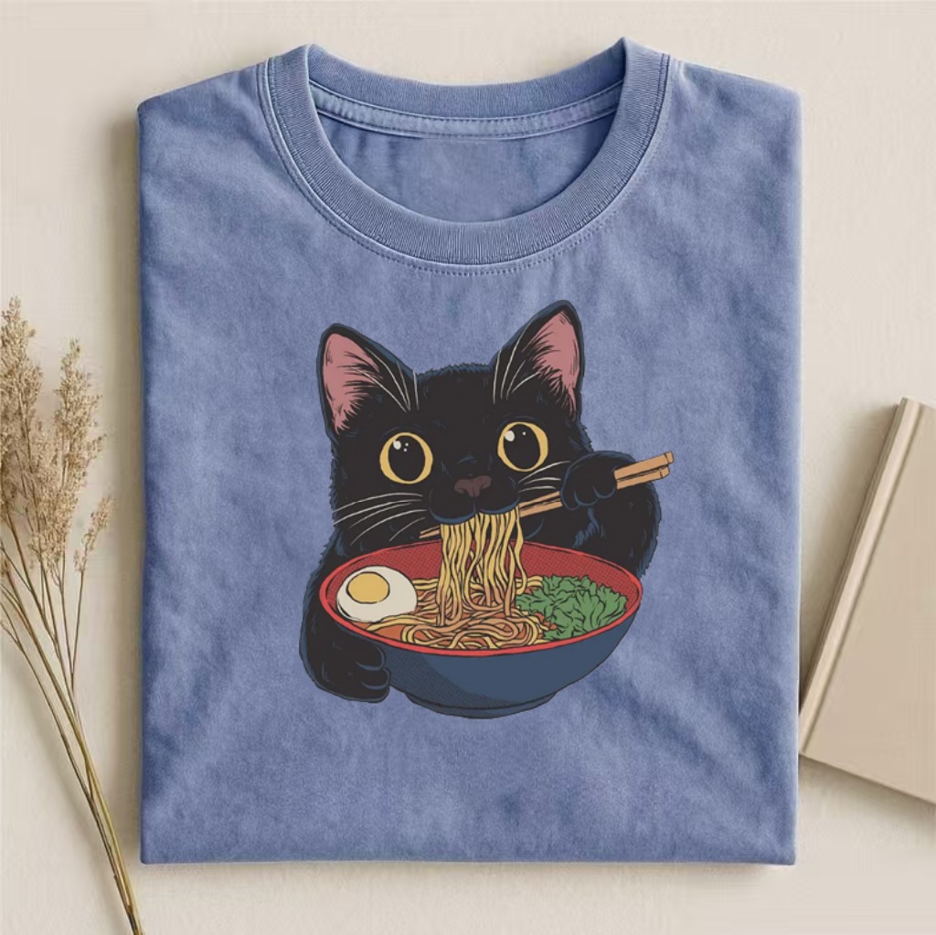 Black Cat Eating Ramen Graphic T-shirt