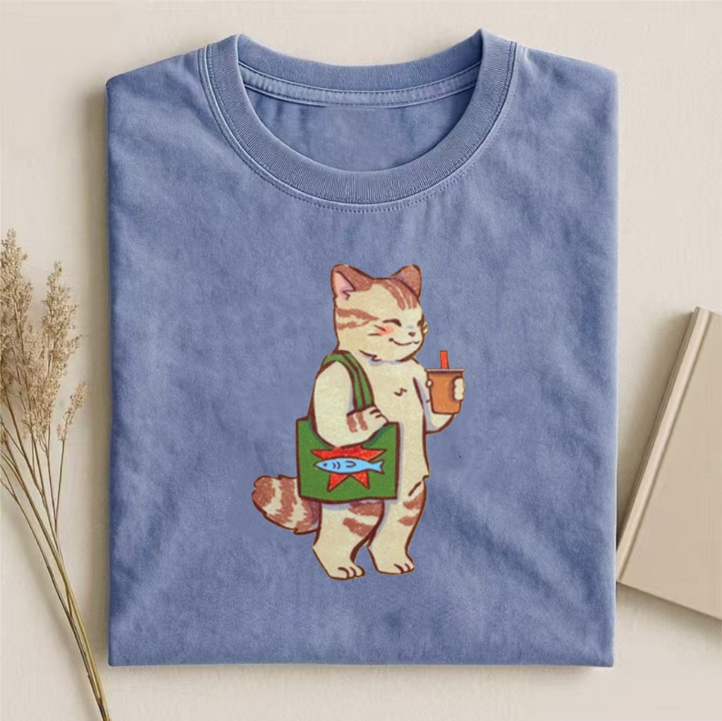 Cat With Tote & Drink Casual Graphic T-shirt