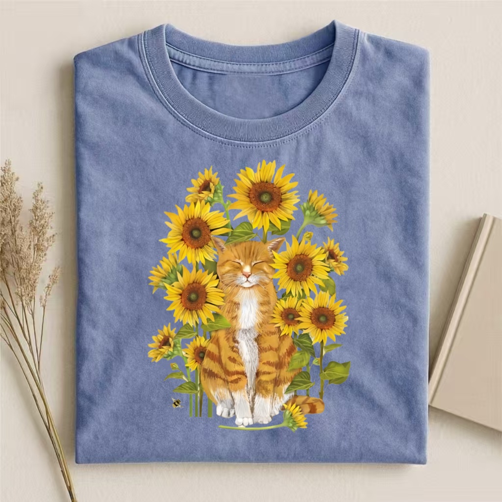 Orange Cat In Sunflowers Watercolor T-shirt