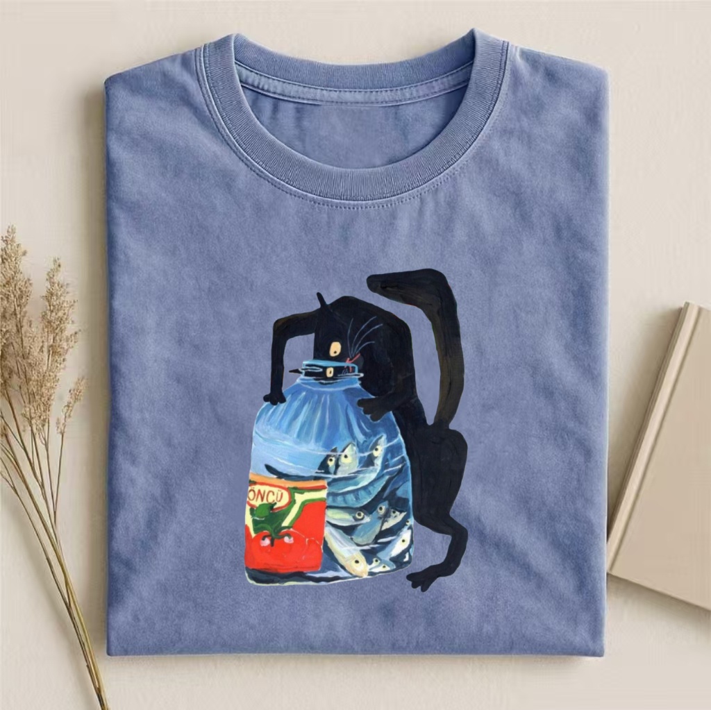 Black Cat & Fish Bottle Art T-shirt