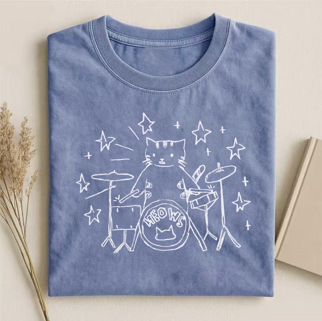 Cat Drummer "Meow" Band Graphic T-shirt