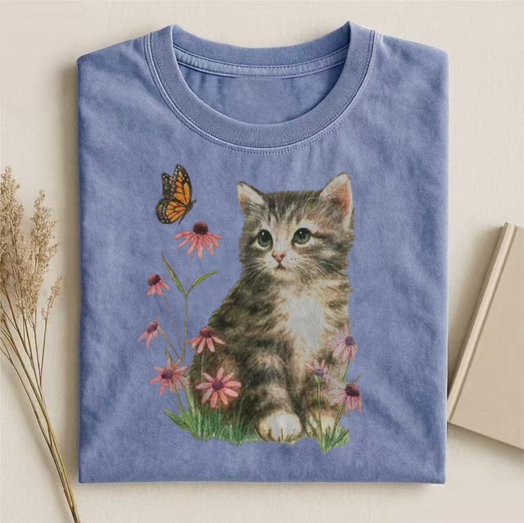 Kitten With Butterfly & Wildflowers Watercolor T-shirt