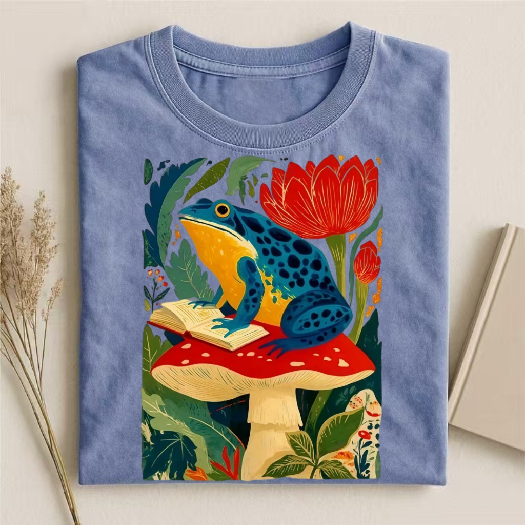 Frog Reading On Mushroom Art T-shirt