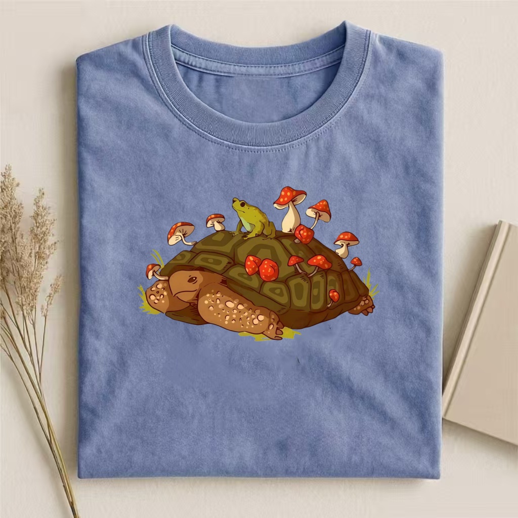 Turtle & Frog With Mushrooms Cute Graphic T-shirt