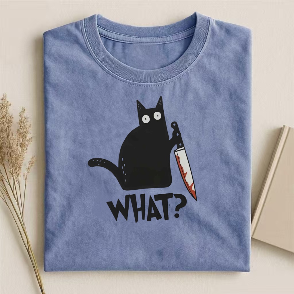 Black Cat With Knife "What?" Meme T-shirt