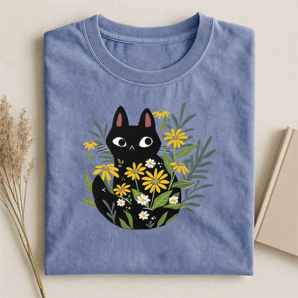 Black Cat In Yellow Flowers Whimsical T-shirt