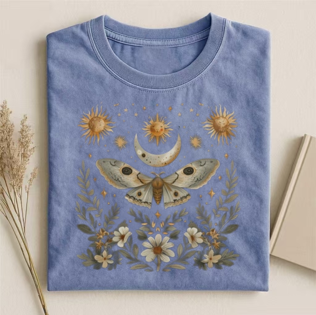Celestial Moth & Moon Floral Art T-shirt