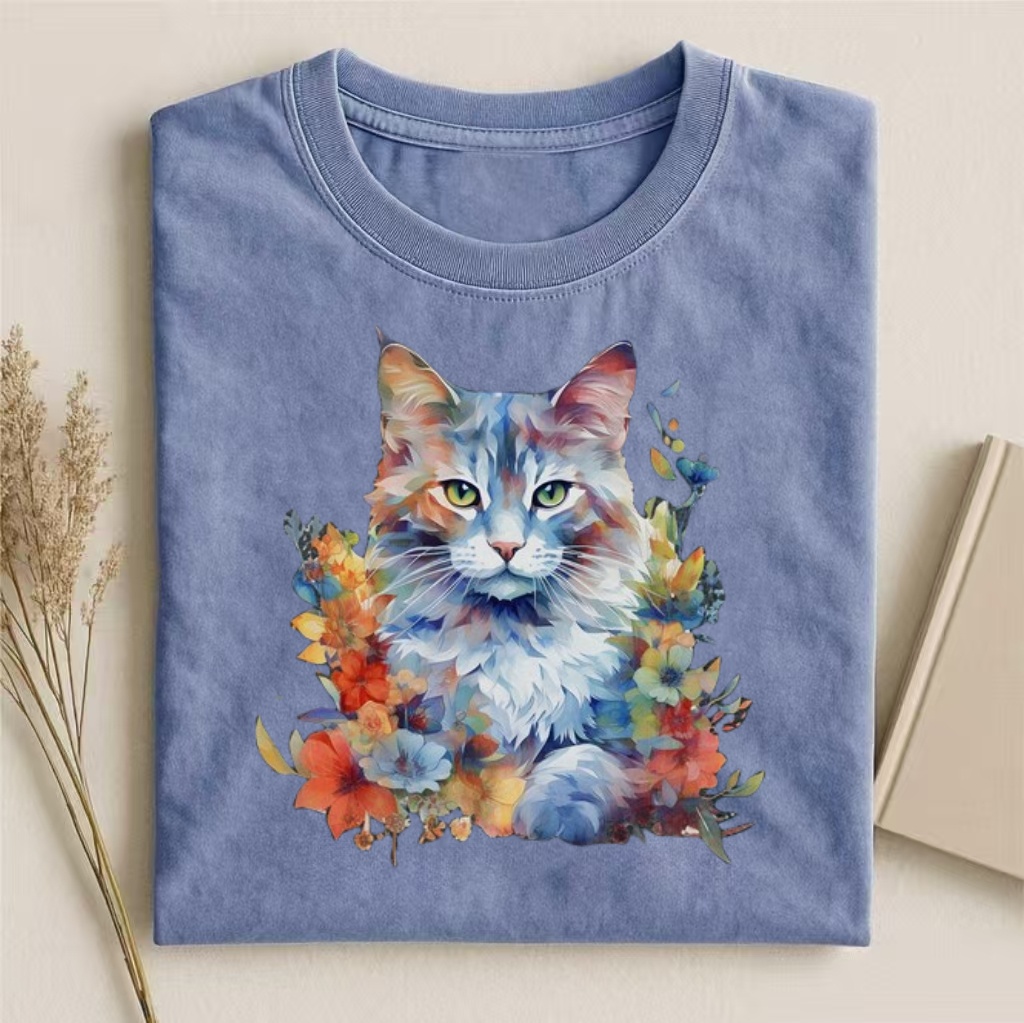 Watercolor Maine Coon Cat Floral T-shirt